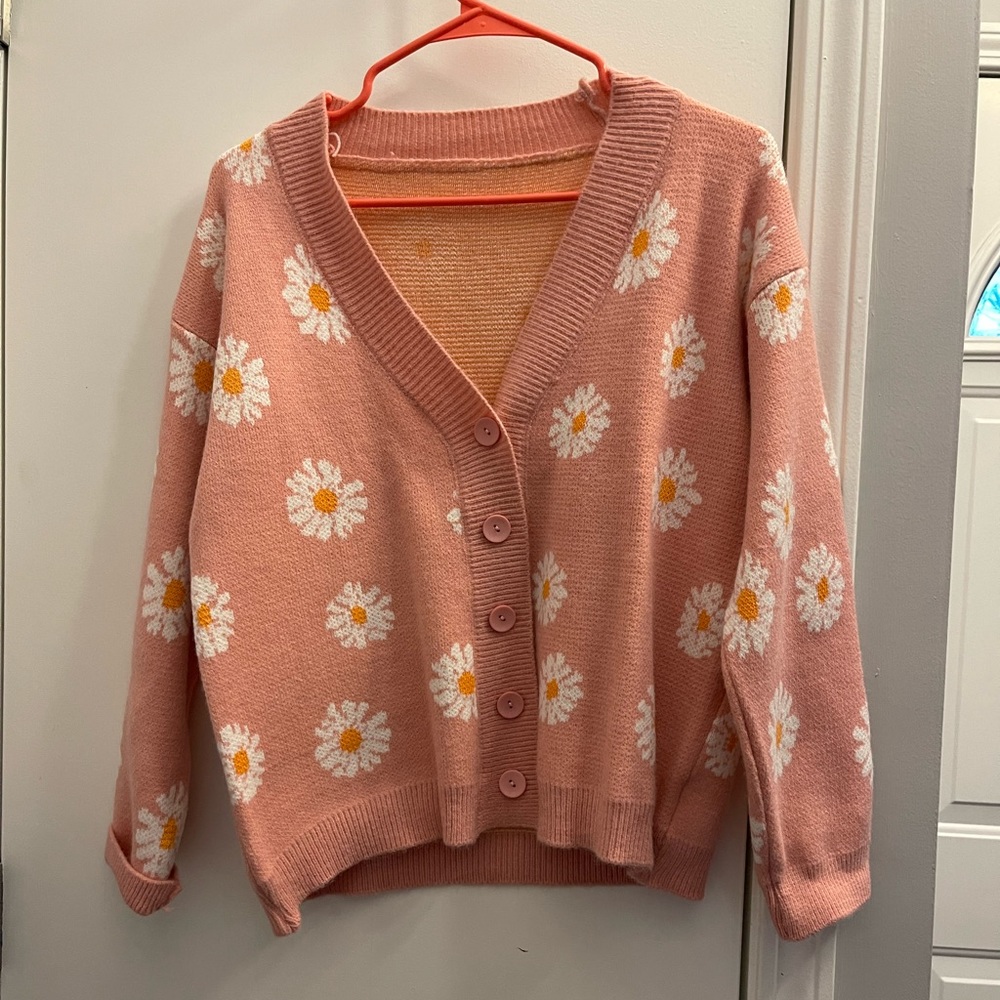 Hazel and Olive pink cardigan sweater with daisies, size small